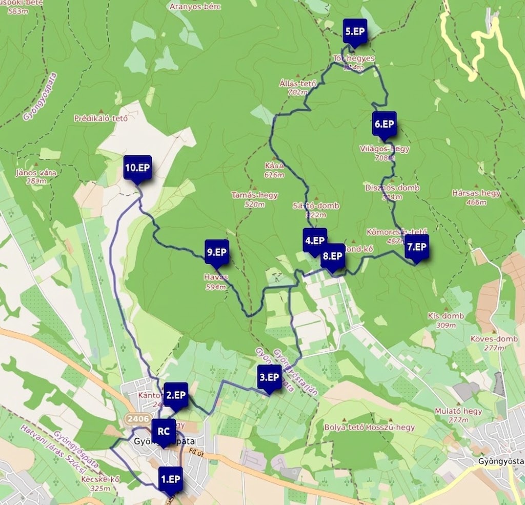 30 km-es táv térképe ellenőrző pontokkal