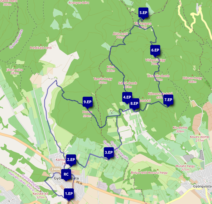 30 km-es táv térképe ellenőrző pontokkal