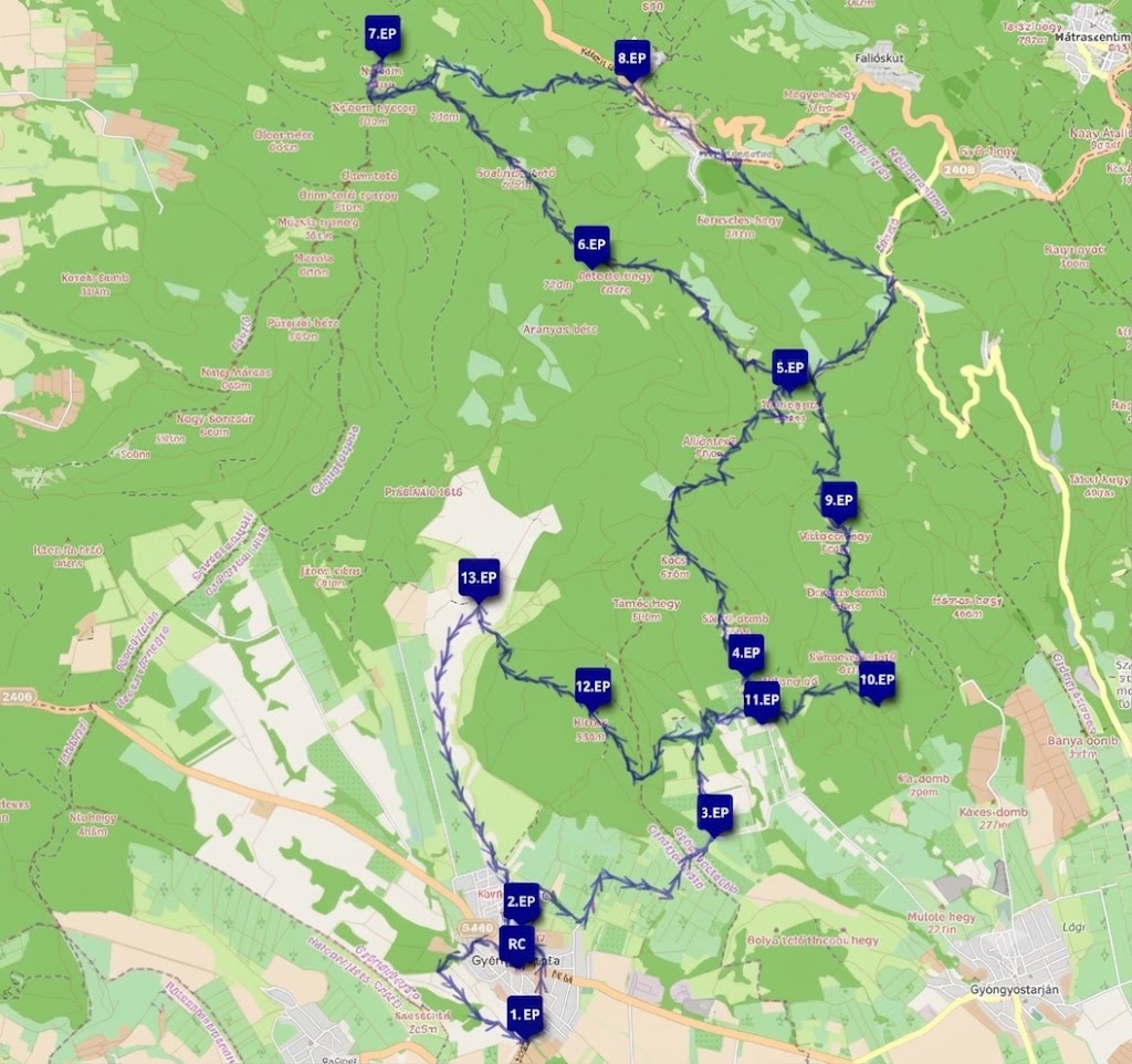 50 km-es táv térképe ellenőrző pontokkal