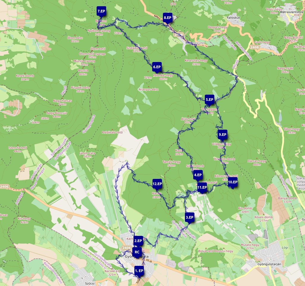 50 km-es táv térképe ellenőrző pontokkal